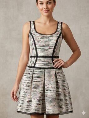 Milly Neon Multi-Color Tweed Mesh Trim Fit & Flare Dress, Size 4